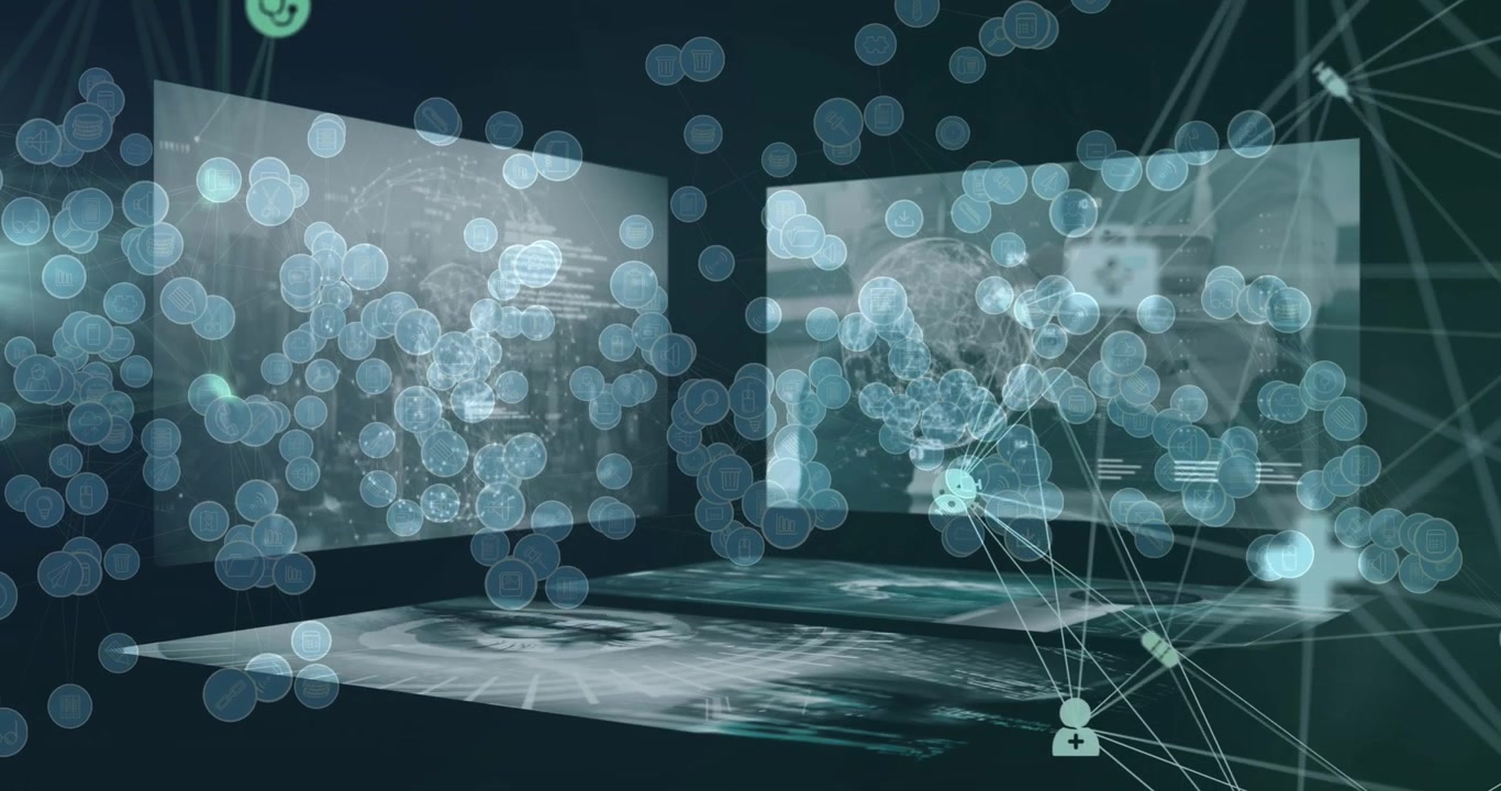 Animation of network of connections with icons over data processing