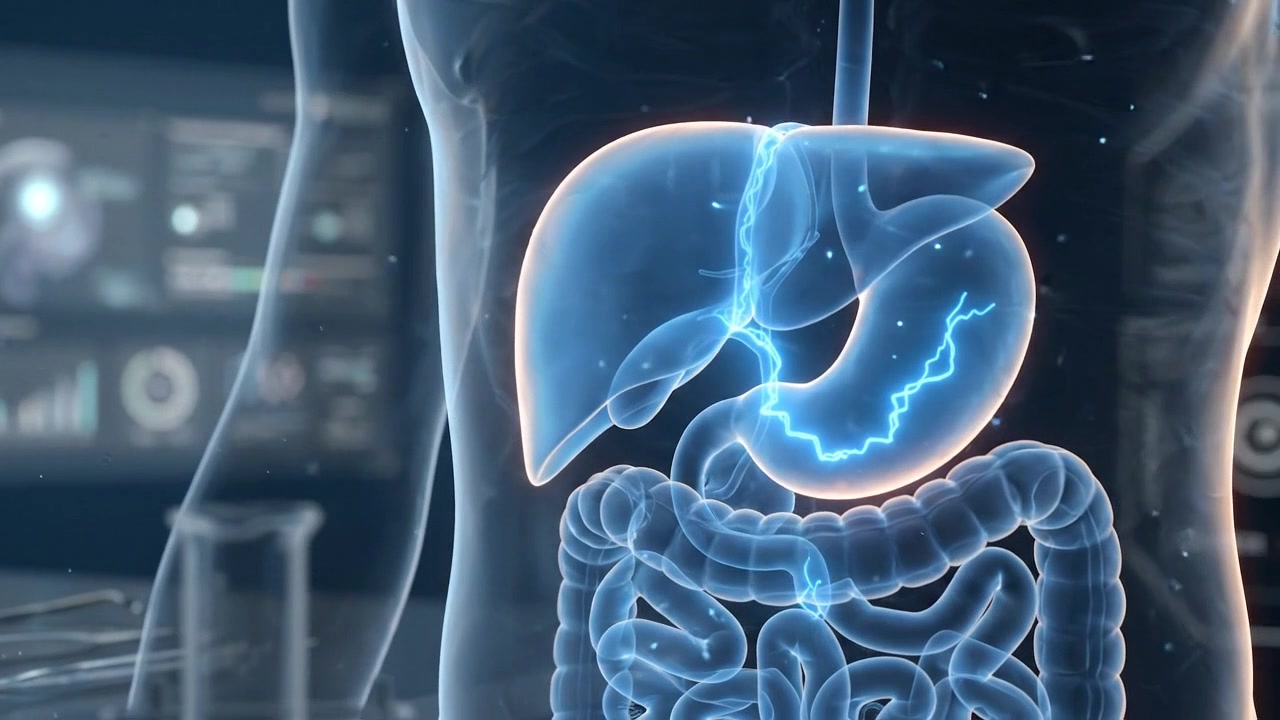 Digital liver anatomy visualization glowing on a transparent medical interface