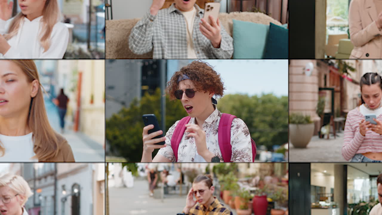 Collage of upset frustrated many people men women using smartphone receive bad news loss game fail