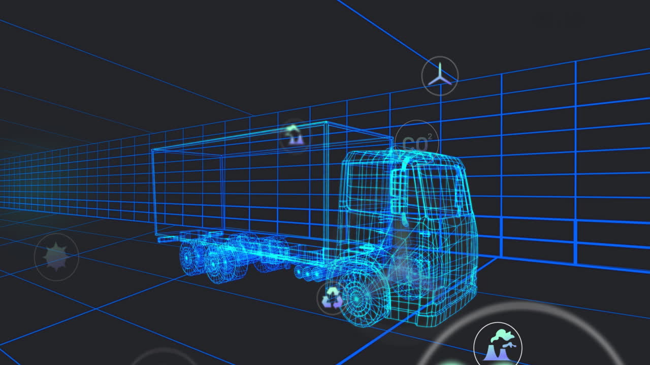 Neon-blue wireframe semi-truck model floating in 3D grid, showcasing hovering sustainability icons
