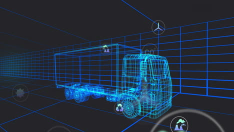 neon-blue wireframe semi-truck model floating in 3d grid, showcasing hovering sustainability icons