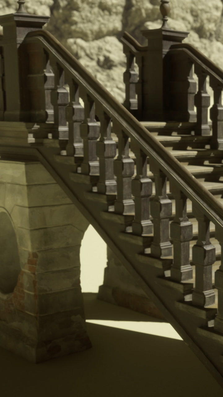 Stairs with balustrade at a historic site in a natural setting during daytime