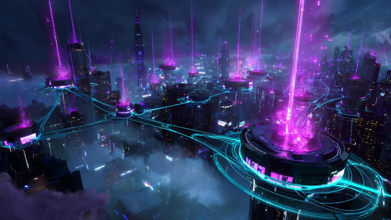 A stunning visual representation of a futuristic metropolis illuminated by vibrant purple energy beams, connecting advanced structures with glowing blue circuits amidst a misty urban landscape, showcasing innovation and technology