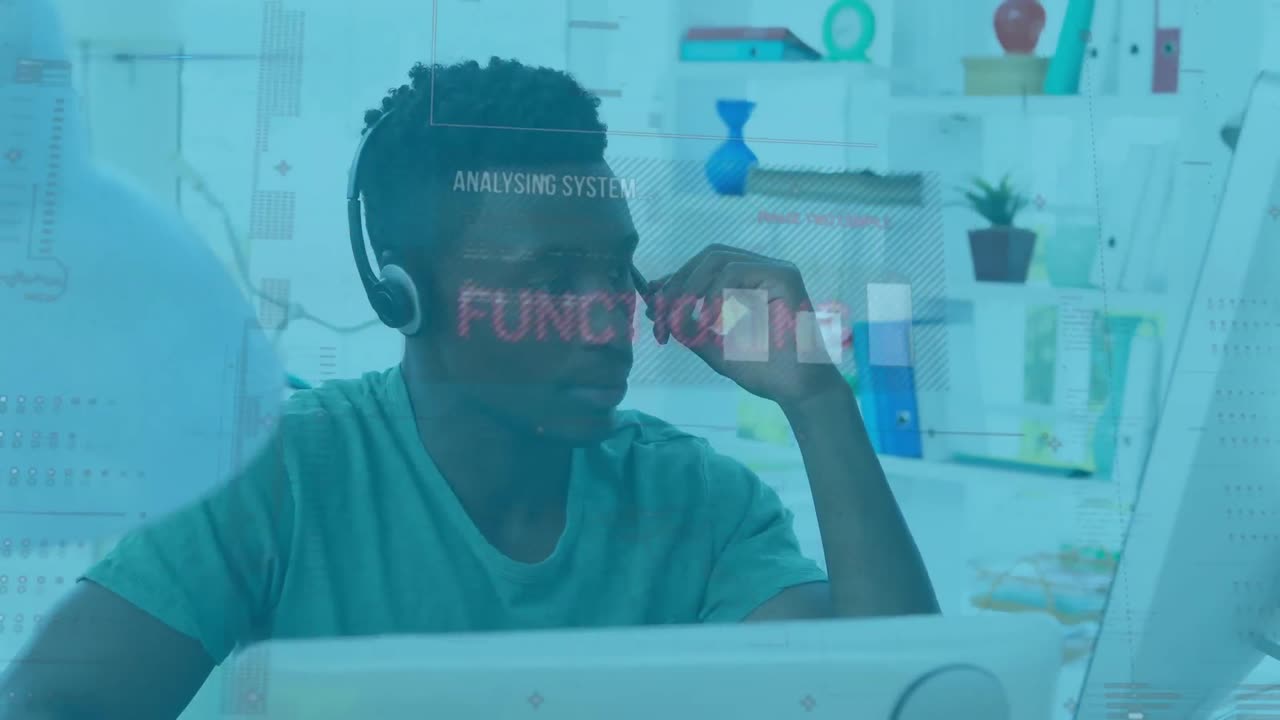 Animation of mixed race man wearing headset and using computer over data recording