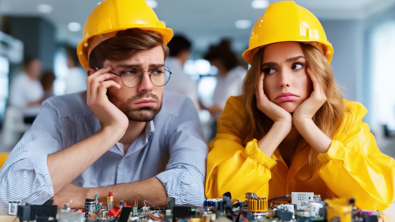 Frustrated Engineers Sitting Among Electronic Components, Wearing Safety Helmets, Displaying Disappointment and Boredom at Work in Modern Workspace with Technical Equipment Around Them