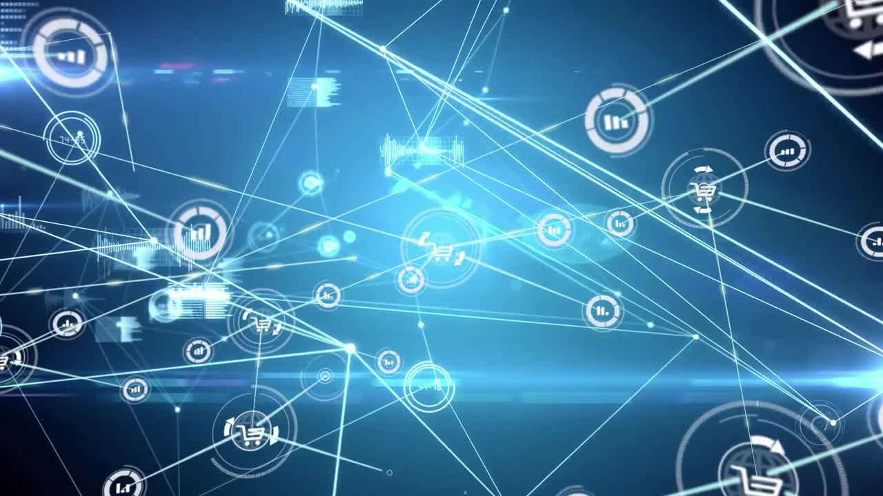 animación de la red de conexiones con iconos sobre luces de guante sobre fondo oscuro