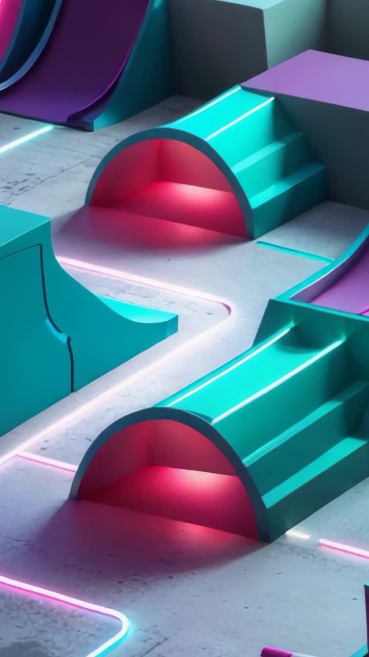 Vertical video: Camera panning over teal ramp, tunnel, slide and stairs with neon lights in studio