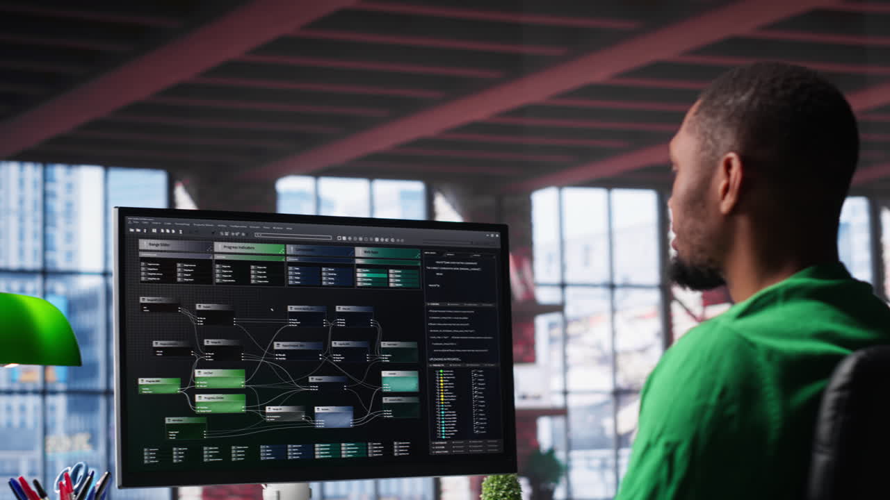 African american software developer at PC coding and creating software