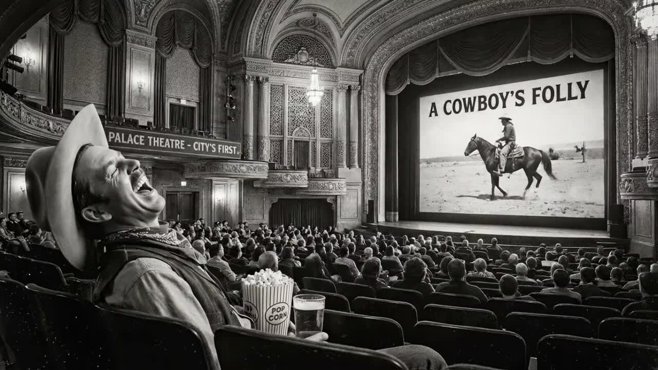 Un cowboy che si gode un film in un cinema d'epoca