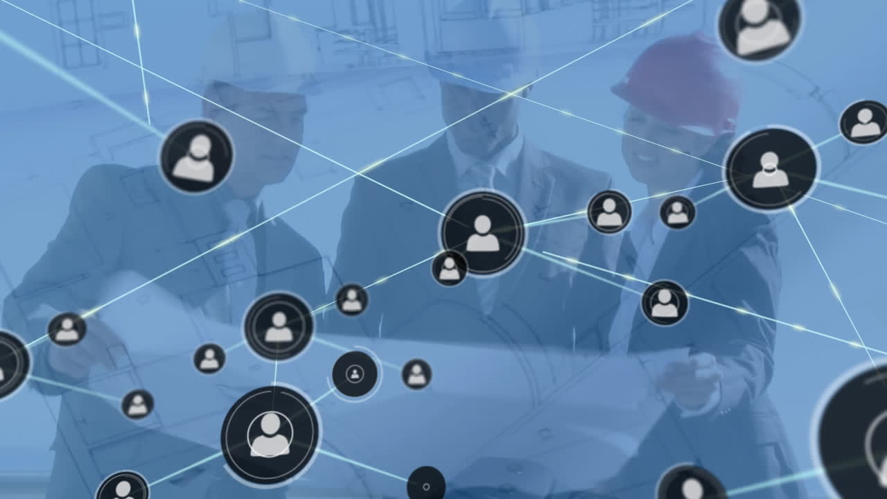 Animazione di una rete di connessioni con icone su diversi architetti con progetti.