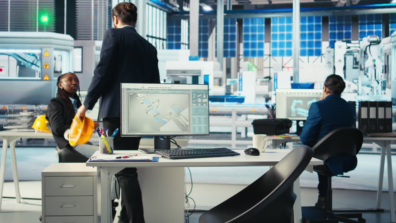 관리자가 pc에서 데이터를 분석하는 광전자 공장 사무실에서 일에 도착합니다.