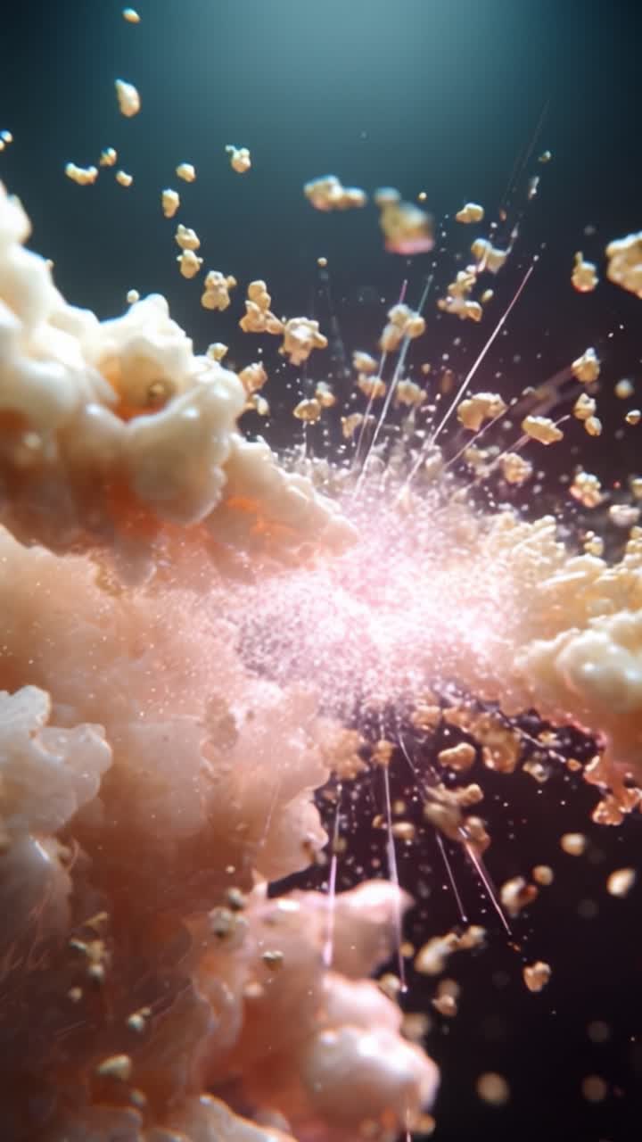 Rappresentazione visiva accattivante di un'interazione esplosiva in forma astratta, che evidenzia particelle eteree ed energie vibranti in uno scenario di esplosione.