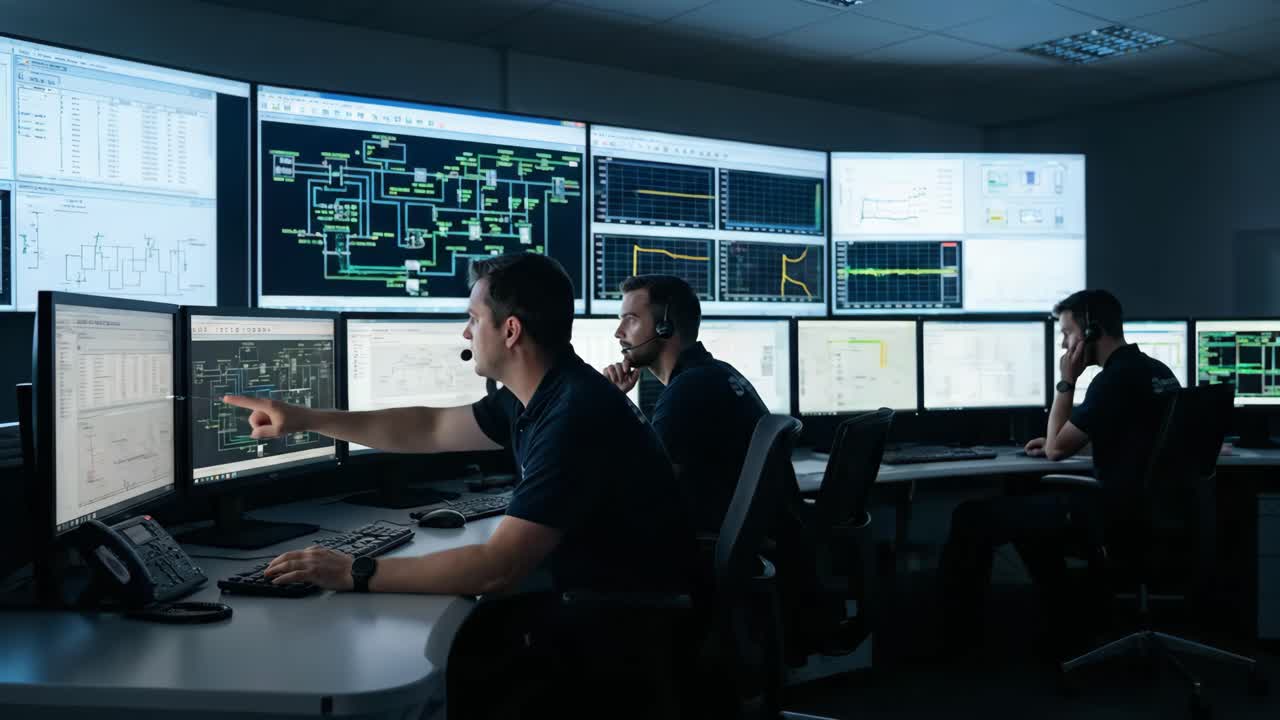 Three Men Monitoring Data and Systems in a High-Tech Control Room