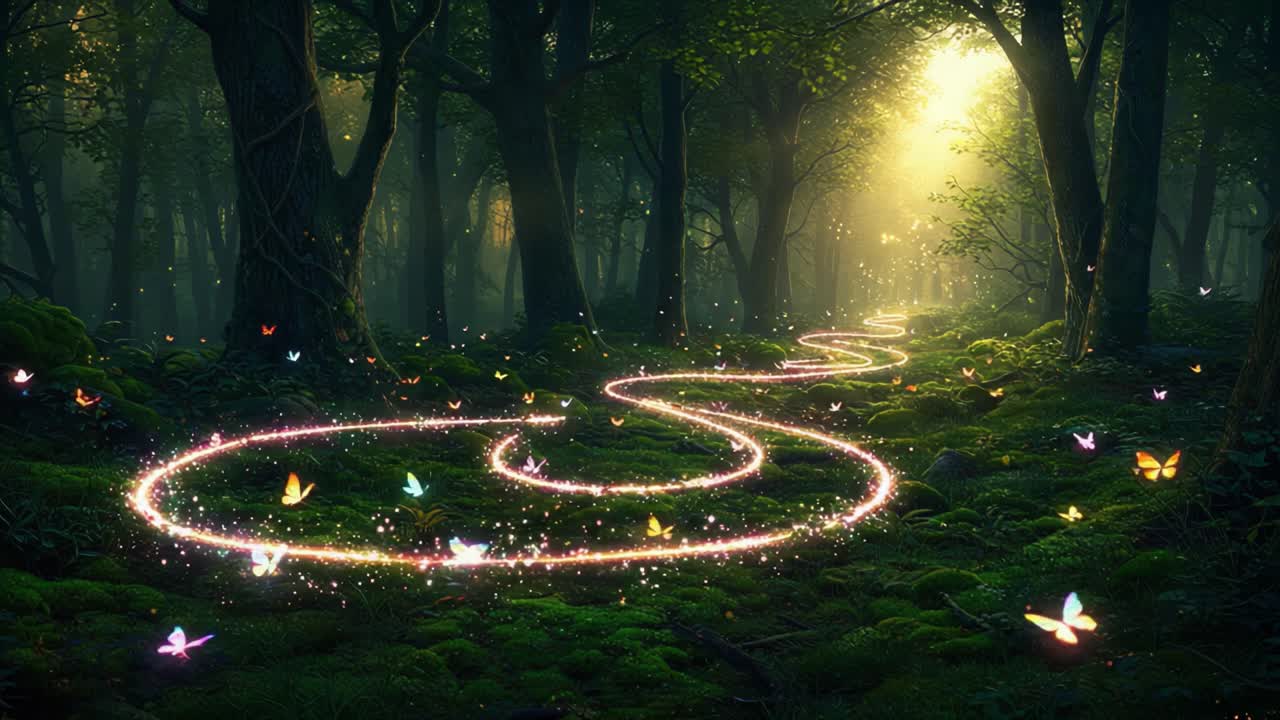A Mystical Path Illuminated by Enchanting Light and Colorful Butterflies in a Lush, Serene Forest Filled with Magical Energy and Nature's Splendor