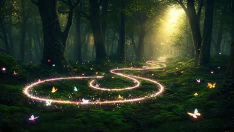 A Mystical Path Illuminated by Enchanting Light and Colorful Butterflies in a Lush, Serene Forest Filled with Magical Energy and Nature&#039;s Splendor