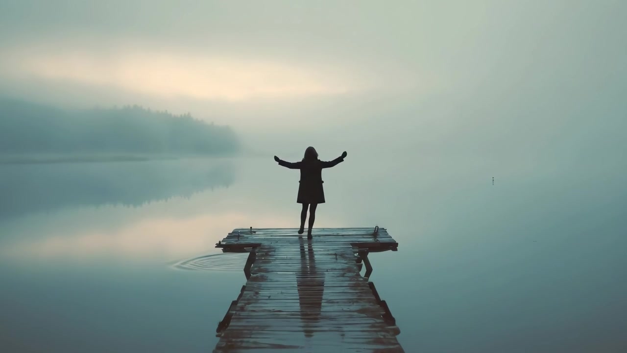 Woman Standing on Wooden Pier Overlooking Foggy Lake