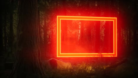 marco rectangular brillante de neón en el bosque nocturno