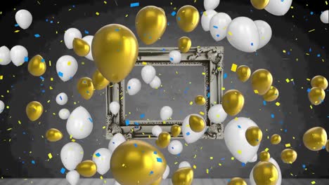 Confetti-falling-and-multiple-balloons-floating-against-a-frame-on-grey-background