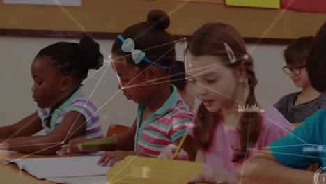 red de conexiones contra un grupo de estudiantes diversos que estudian en la clase en la escuela