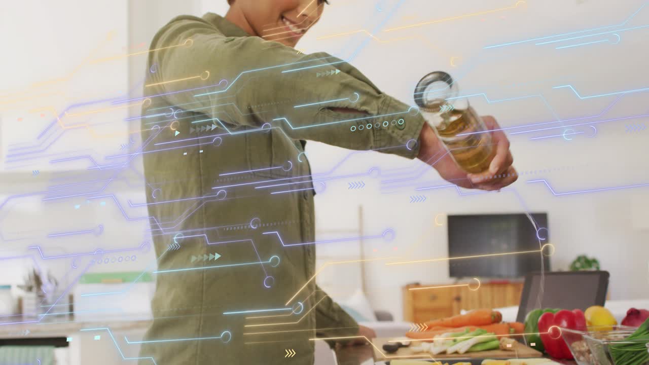 Woman tilting oil jar over vegetable tray, drizzling while circuit graphics enhancing home cooking