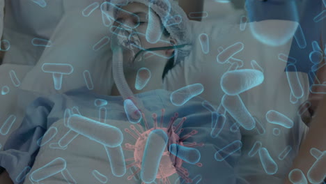 animación del virus de la corona roja con una mujer enferma en el fondo