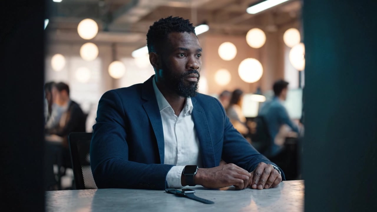 A focused business professional in formal attire, seated at a desk in a modern office environment, engaged in deep thought surrounded by colleagues and technology.