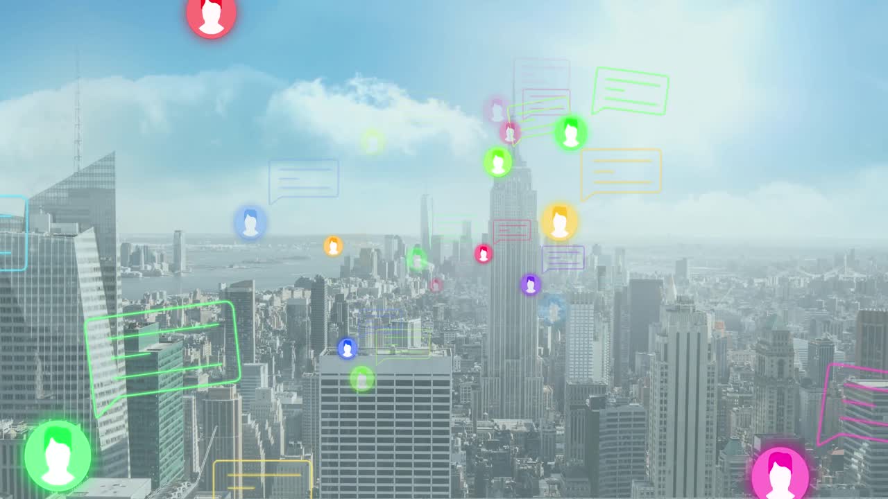 도시 풍경 위의 데이터 처리 애니메이션