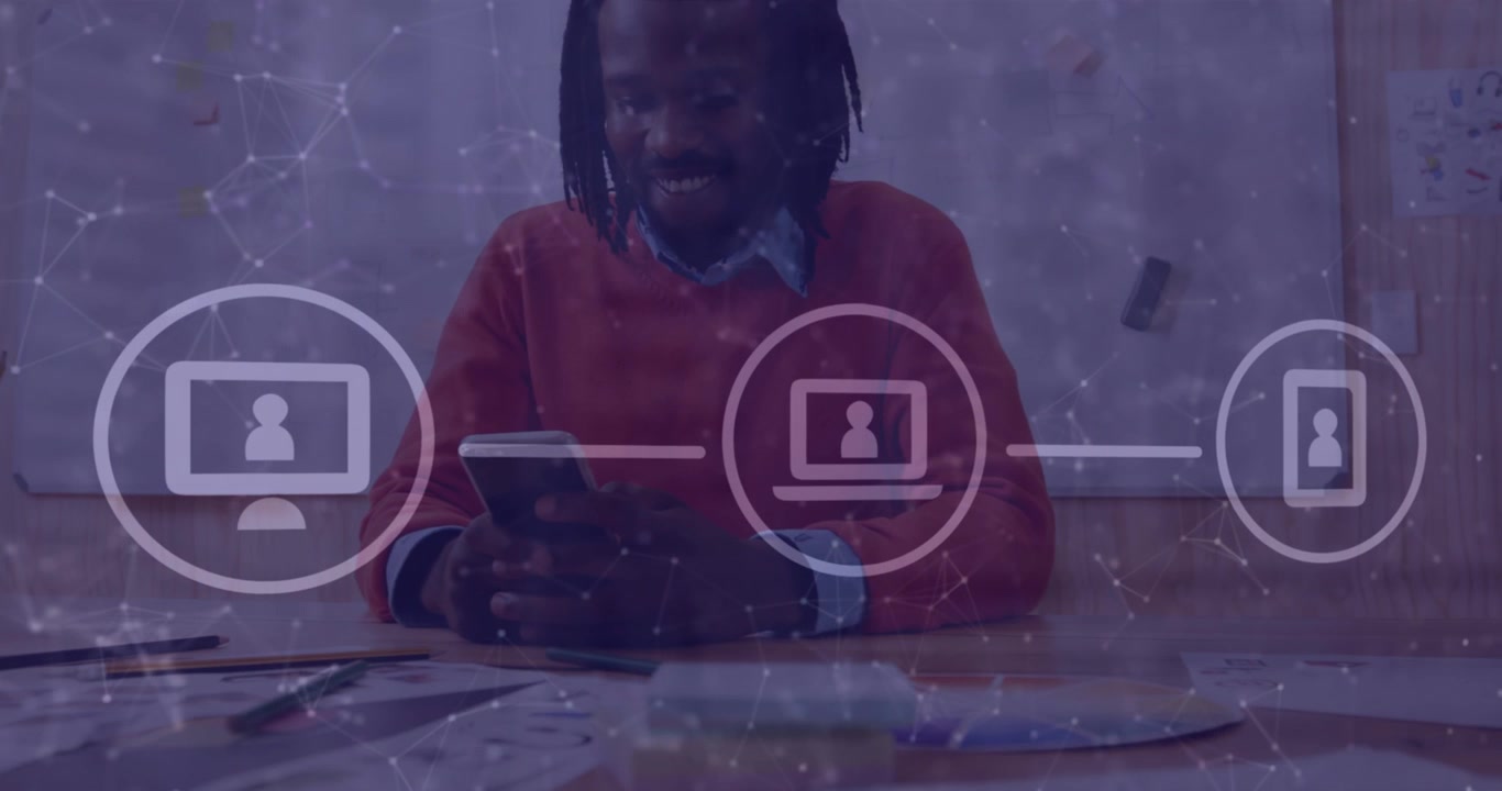 Animation of network of digital icons over african american man using smartphone at office