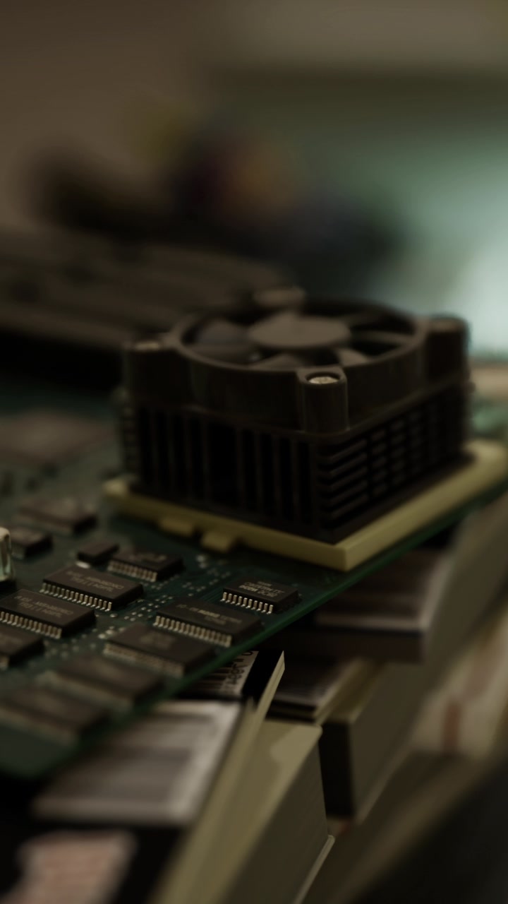 Processor cooling fan mounted on computer motherboard with circuits and chips