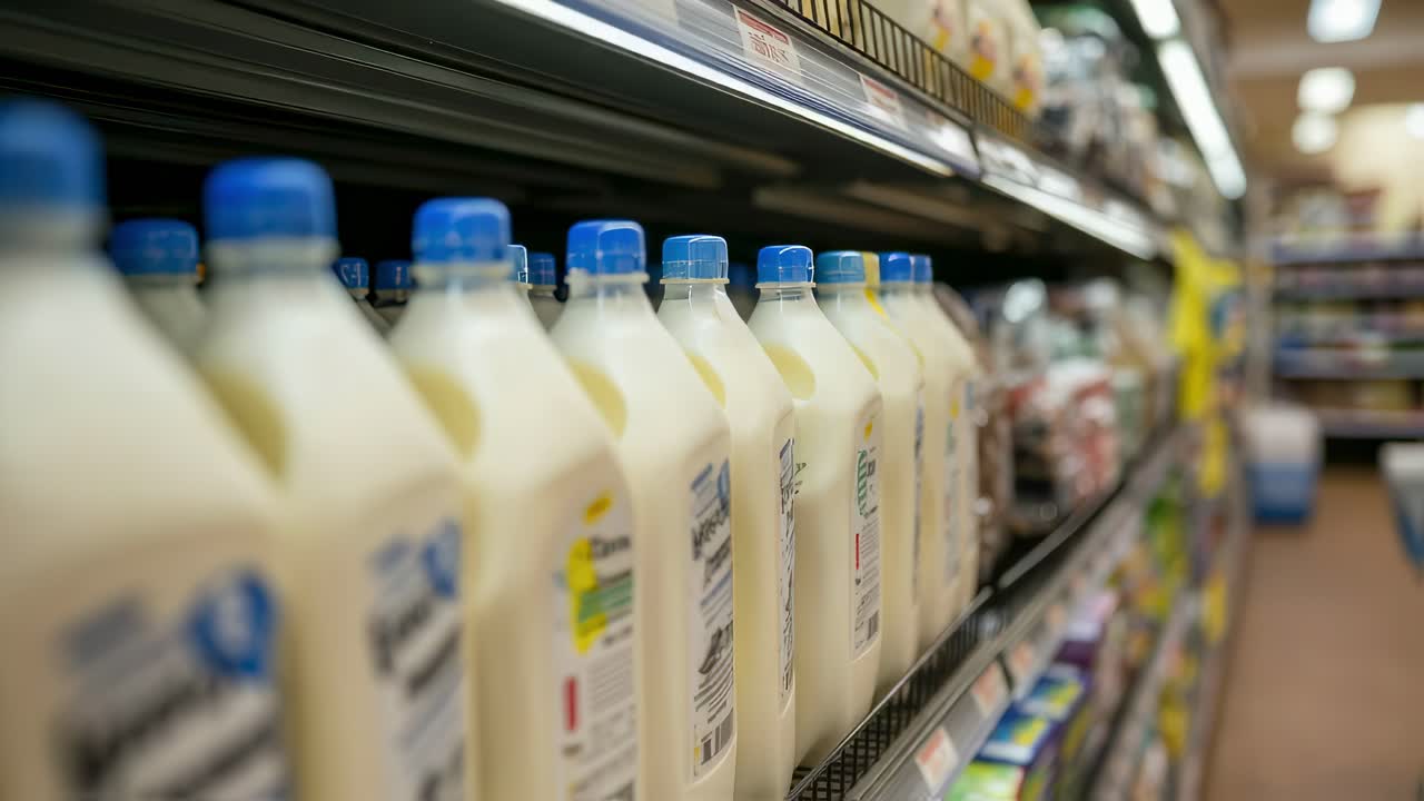 Milk Bottles on Grocery Store Shelf