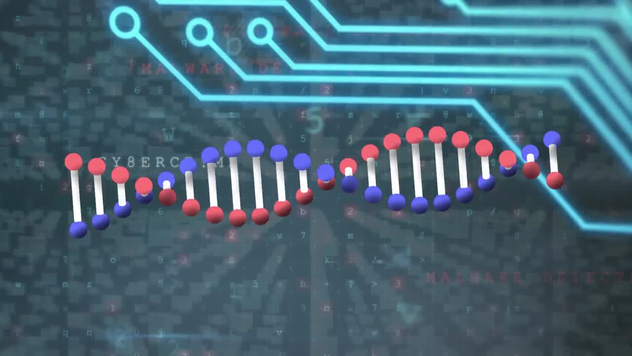 Animation of dna and integrated circuit over scanning on black background