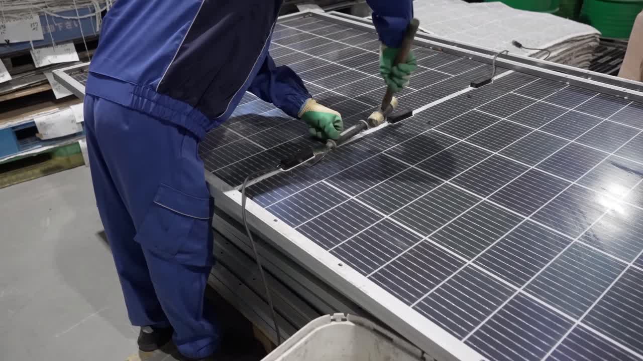 Disassemble solar panels, worker disassembles components, manufacturing process, blue uniform, industrial setting. Reuse old solar panels.