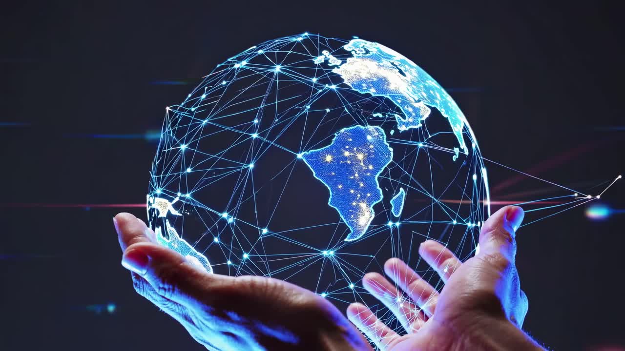 A futuristic video concept showing hands holding a digital globe with network lines