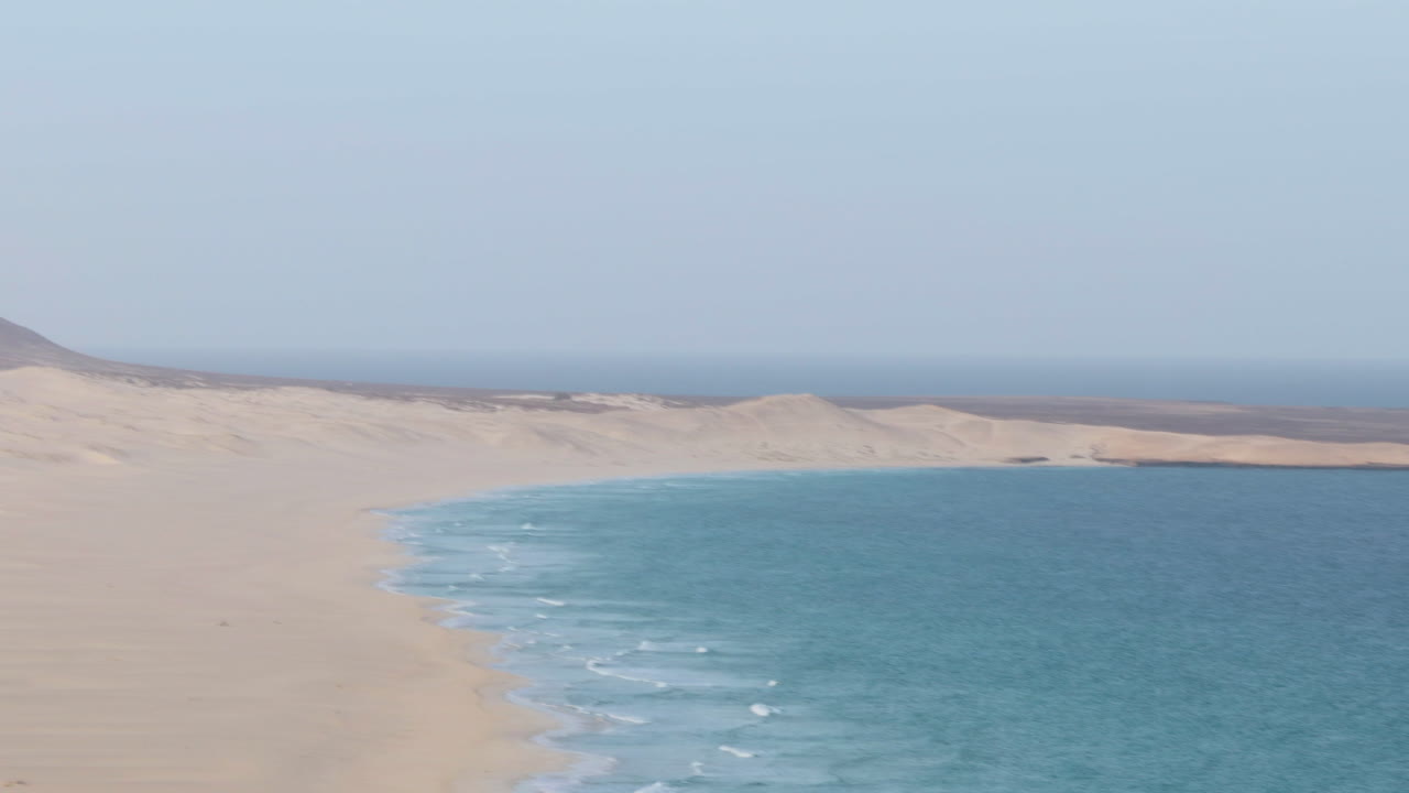 Nice Praia de Chaves ( Chaves beach) popular tourist destination.Ocean and sandy dune aerial view.Boa Vista island situated in the Atlantic Ocean. Republic of Cape Verde, Africa