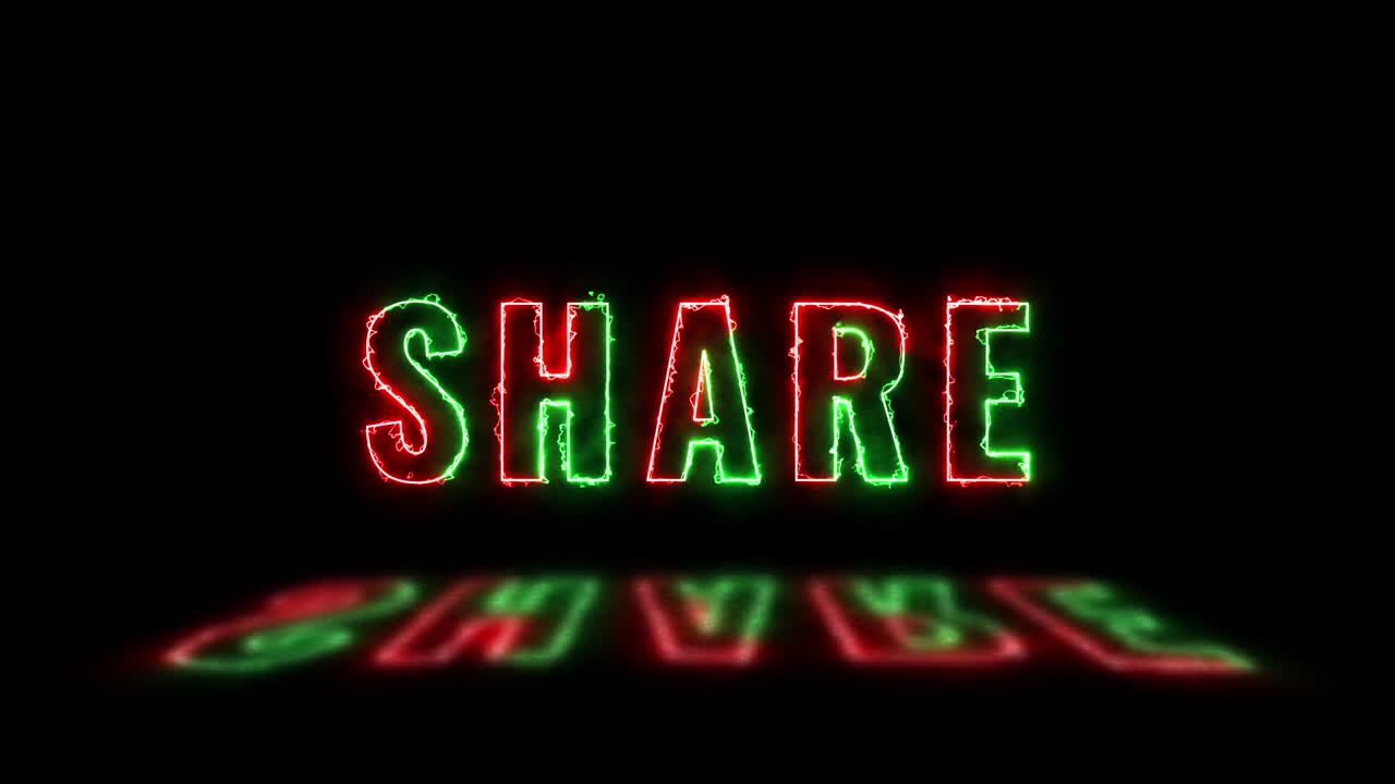 Thin line text 'SHARE' with green and red lights with reflections on a dark background. Simple seamless loop animated text. 4k typography motion graphic