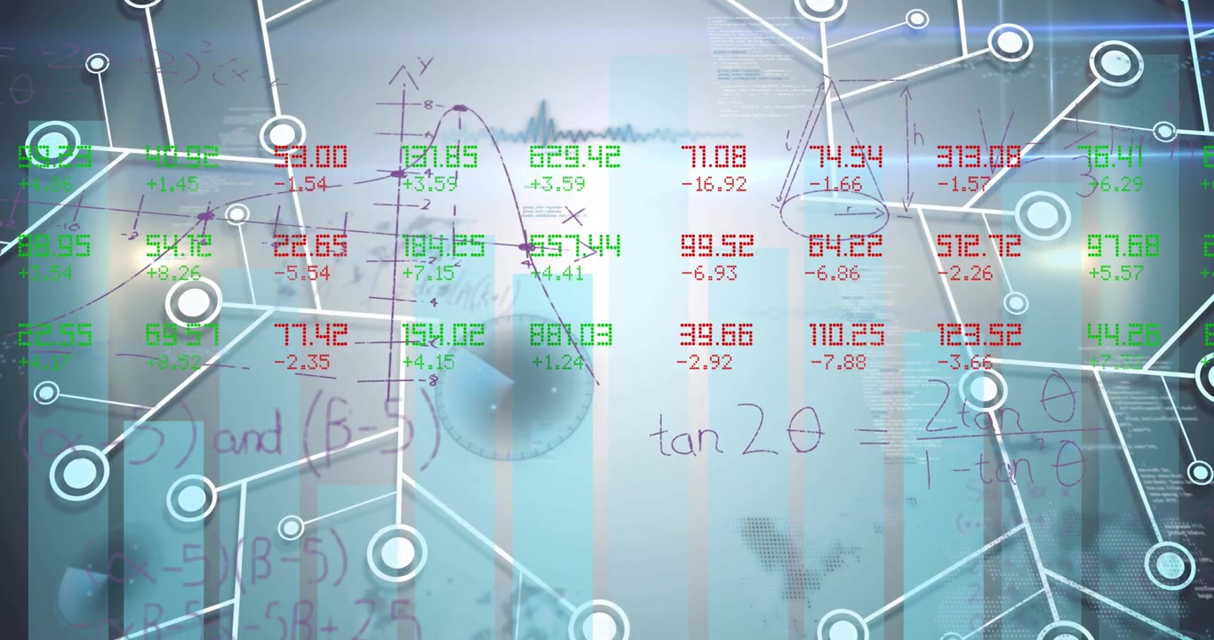 Animazione di una rete di connessioni con equazioni matematiche ed elaborazione dati.