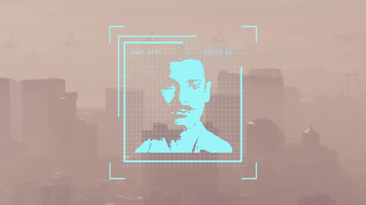 animação de foto biométrica e processamento de dados sobre a paisagem urbana