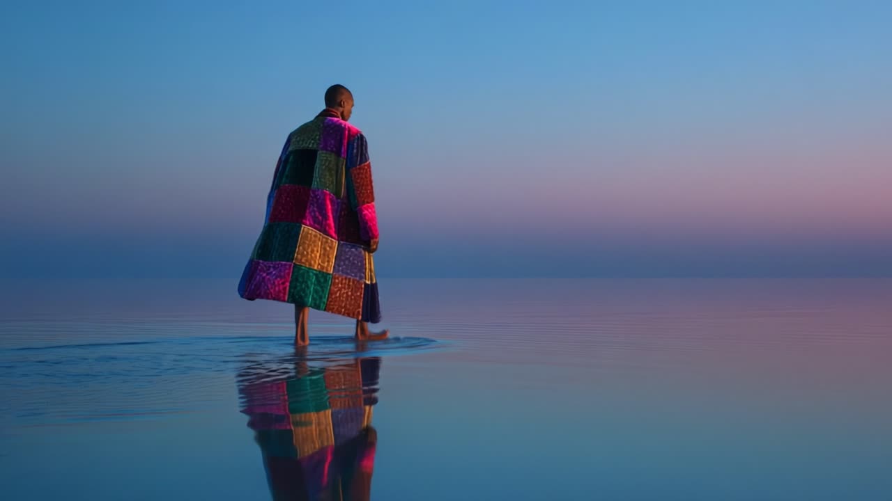 A solitary figure adorned in a vibrant patchwork cloak walks gracefully across the tranquil surface of the water, reflecting the stunning hues of a serene sunset sky, evoking a sense of peace and contemplation