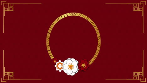 animación de flores y círculo sobre fondo rojo