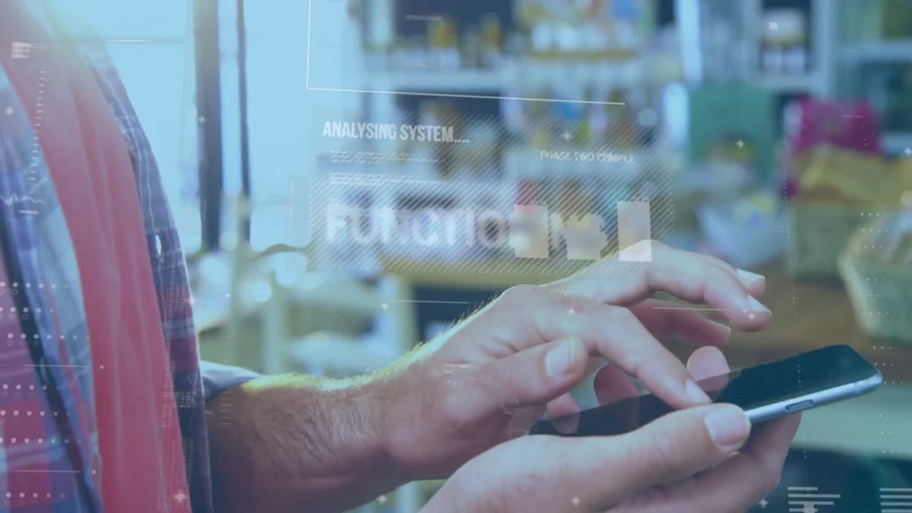 스마트폰을 사용하는 백인 남성에 대한 데이터 처리 애니메이션