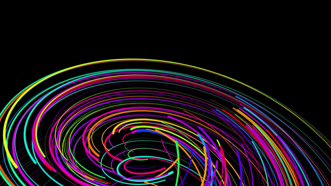 4k에서 세련된 창의적인 추상적인 배경: 회전하는 경로를 따라 회전하는 나선형으로 회전하는 색의 선; 모션 디자인: 선, 나선형 및 추상적인 구조를 형성하는 입자의 bg; 3d 렌더링