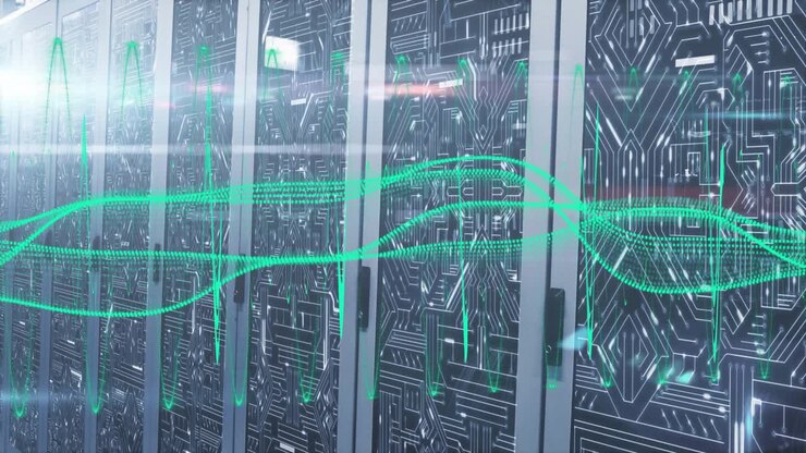 Faint green line emerging left transforming into dual data waves over rack panels showing data flow