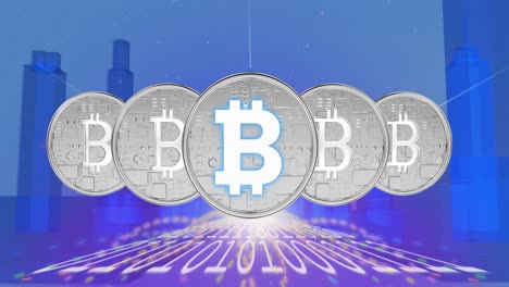 silver bitcoins over binary coding data processing against cityscape