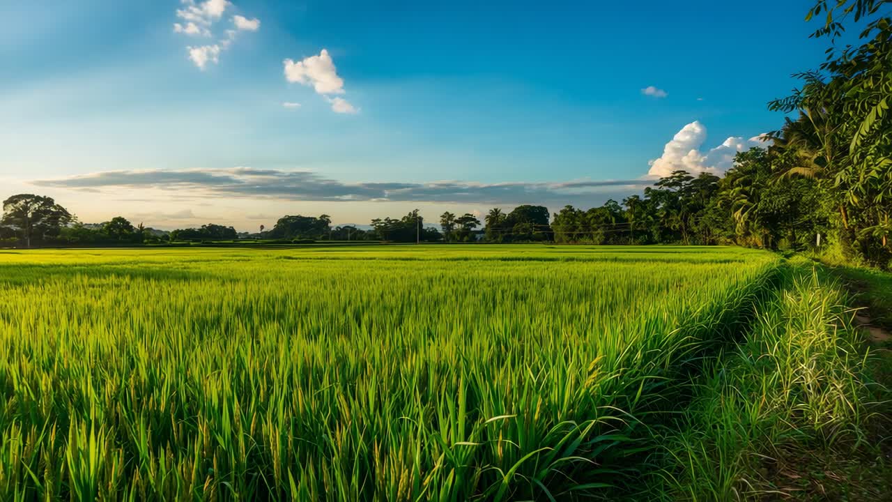 Swaying green rice plants bending under late-afternoon breeze at rural paddy, with grassy footpath