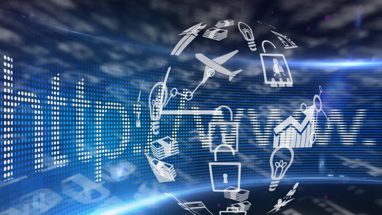 검은색 배경 위에 떨어지는 소셜 미디어 아이콘과 숫자의 애니메이션