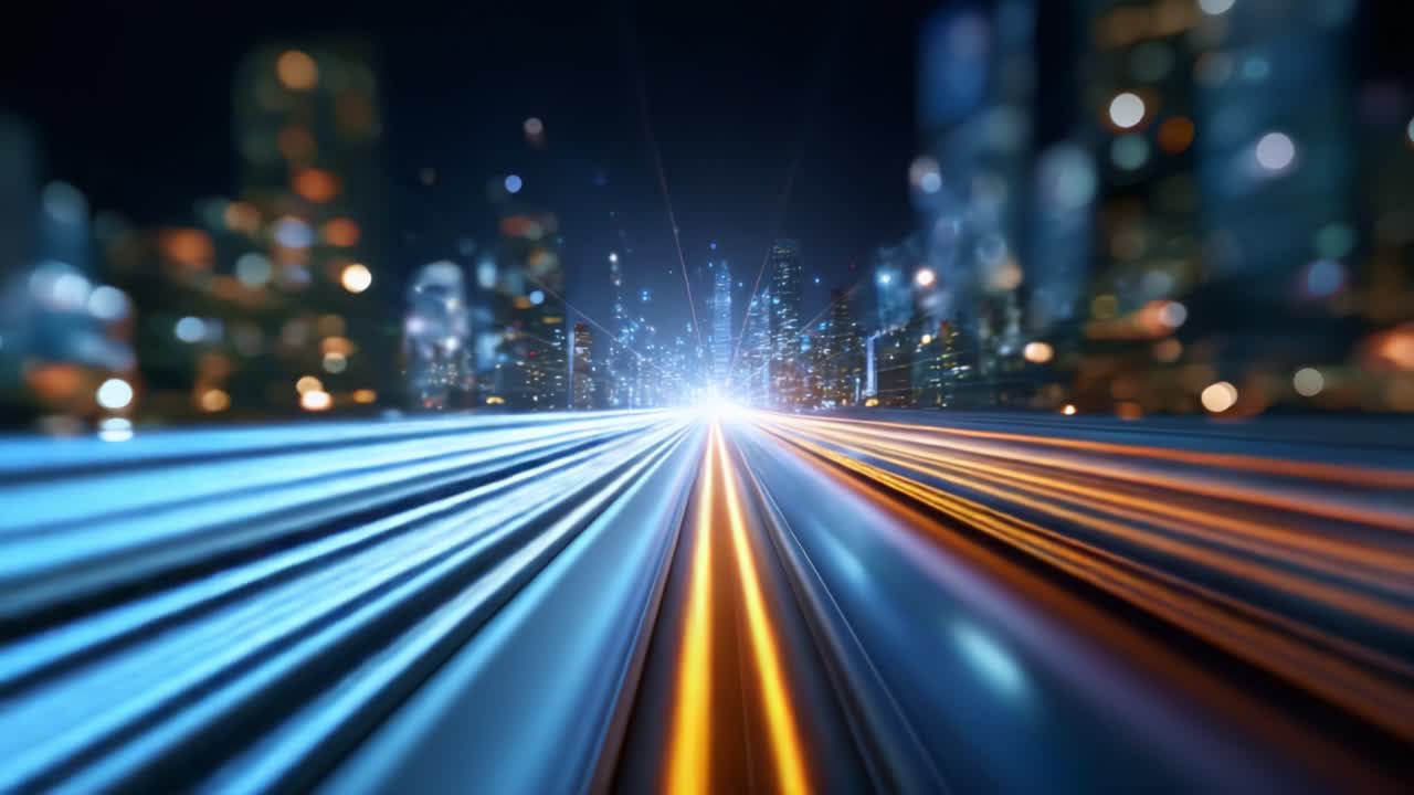 Scie luminose dinamiche e grattacieli urbani mostrano l'energia vivace di un paesaggio notturno cittadino in una prospettiva dinamica per un impatto visivo.