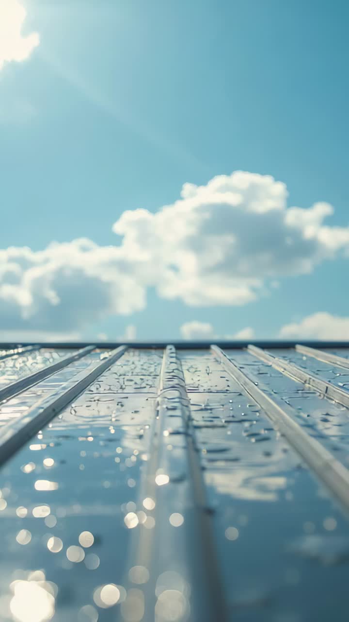 Vertical video: Panning camera lifting revealing wet roof panel showing drops sun cloud reflections