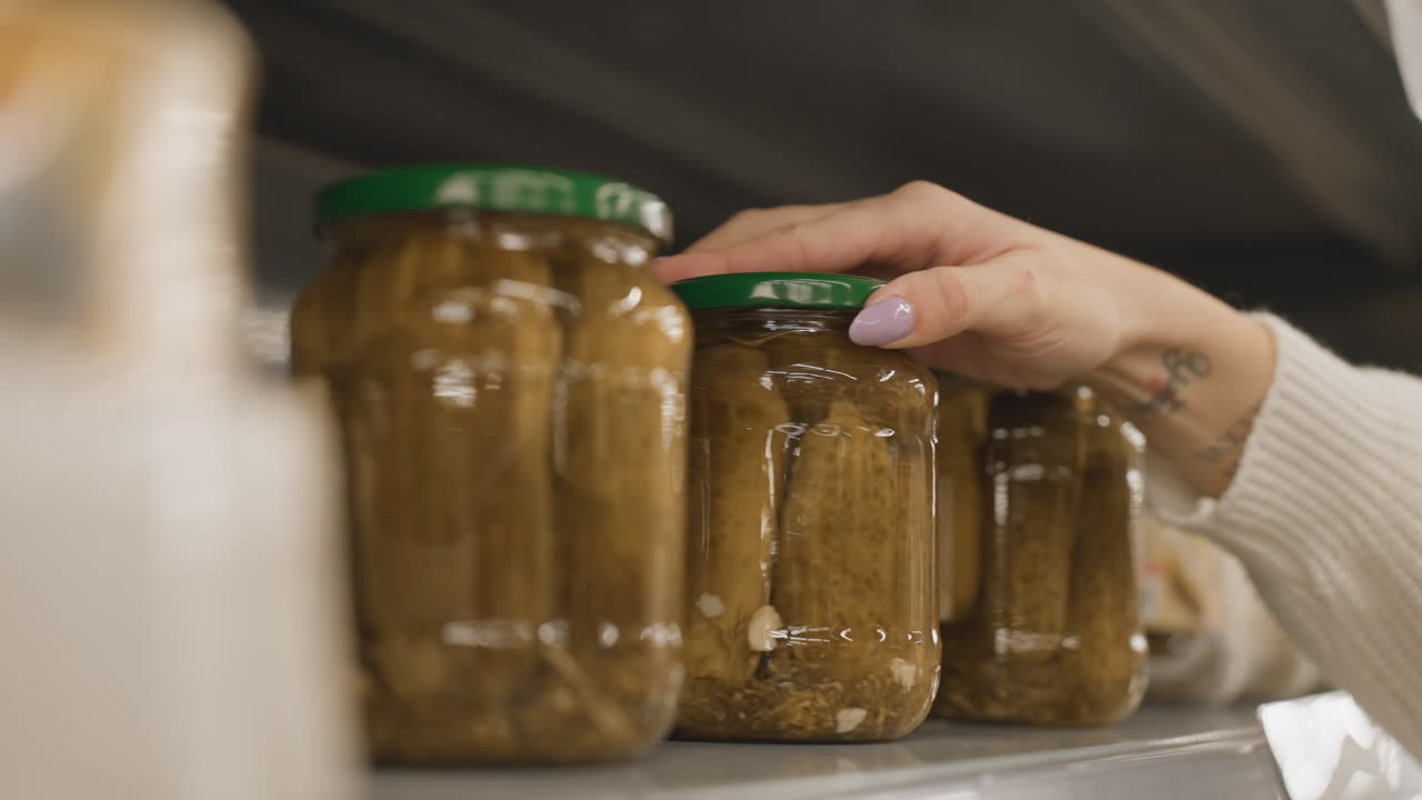 Close up of mall goer hand returning glass jar of pickles with green lid to shelf in supermarket aisle with blurred background highlighting nails metal rails and retail during shopper browsing