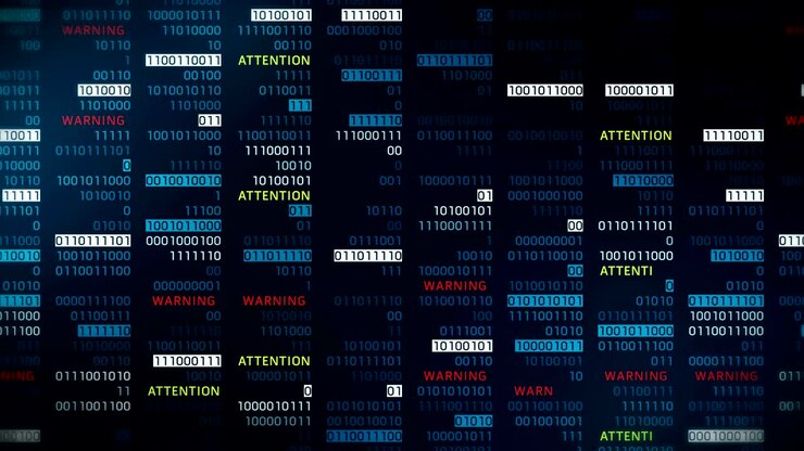 Warning and Attention message with binary numbers. Web online with digital technology loop animation. Computer network problem error concept.