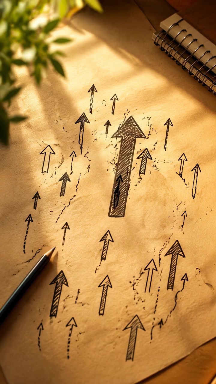 Paper-like surface with dark arrow drawings fills frame while symbols spread and reposition during motion, creating visible directional flow, textured detail, and changing composition in warm tones.